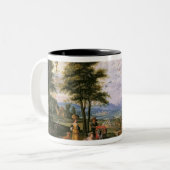 避難所に入ること ツートーンマグカップ (正面左)