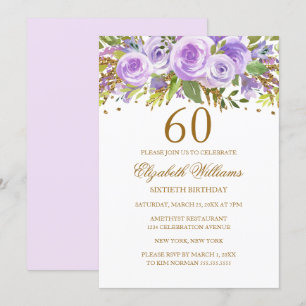 還暦祝い用パープルゴールドのバラの花 招待状