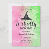 邪悪なグッドタイム誕生日、ピンクグリーンウィッチハット 招待状 (正面)