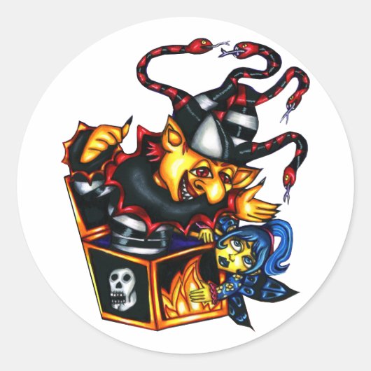 邪悪なジャックインザボックスと妖精のゴシックファンタジーアート ラウンドシール (正面)
