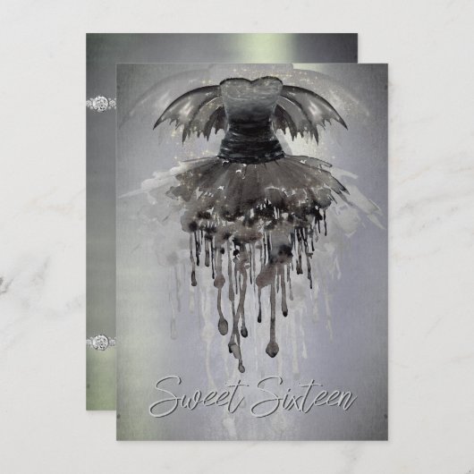 邪悪な妖精のガウン | ゴシック様式の黒いバンピーロックシェーン 招待状 (正面/裏面)