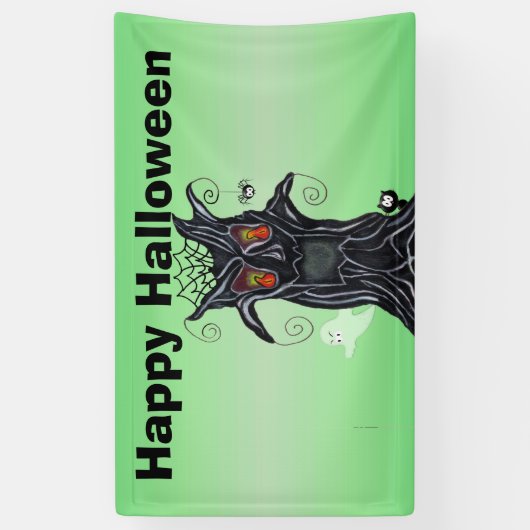 邪悪な顔を持つ不気味な黒いハロウィーンの木 横断幕 (縦)