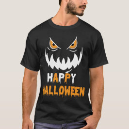 邪悪な顔,ハッピーハローウィン，黒，オレンジ  Tシャツ