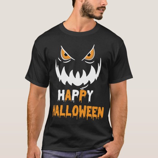 邪悪な顔,ハッピーハローウィン,黒,オレンジ Tシャツ (正面)