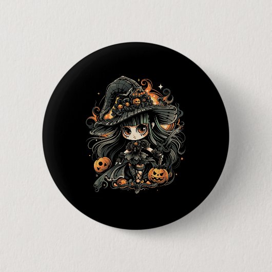 邪悪な魅惑的なハロウィーンの魔女アート 缶バッジ (正面)