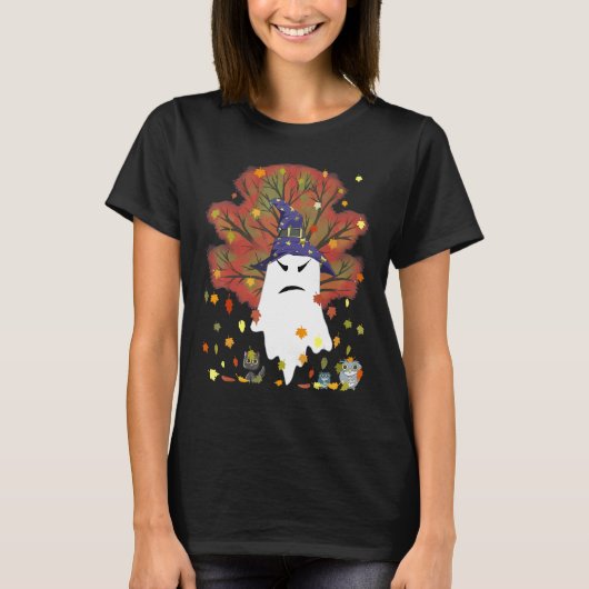 邪悪な魔女の幽霊 黒猫 フクロウ ハロウィン 秋 Tシャツ (正面)