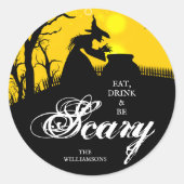 邪悪な魔女シルエットハロウィーン ラウンドシール (正面)