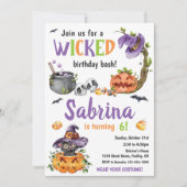 邪悪な魔女猫ハロウィーン誕生日パーティー、任意の年齢 招待状 (正面)