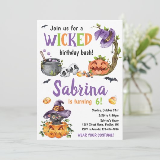 邪悪な魔女猫ハロウィーン誕生日パーティー、任意の年齢 招待状 (スタンド正面)