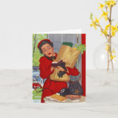 郊外の赤いスーツの空白のなカードのレトロの忙しい カード (黄色い花)