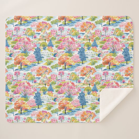 郊外トイルカラフルツリーラインヴィレッジシーン シェルパブランケット (正面(横))