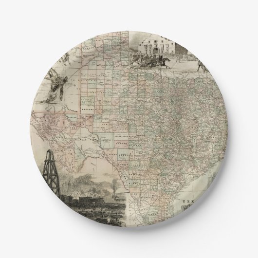郡を持つテキサス州の縁ど地図 ペーパープレート (正面)