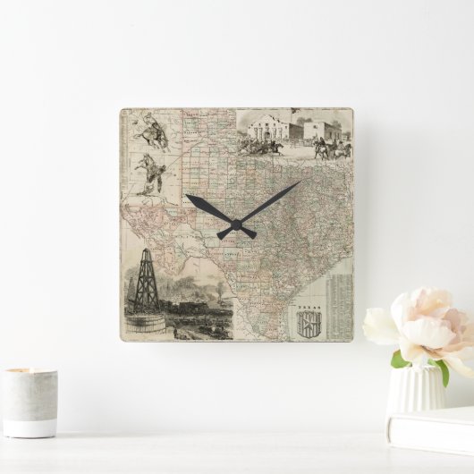 郡ボーダーとのテキサス州の地図 スクエア壁時計 (ホーム)
