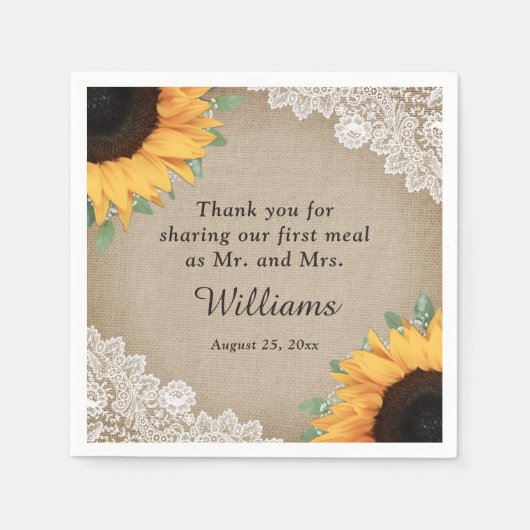 郡素朴のBurlapとLace Sunflower結婚の スタンダードカクテルナプキン (正面)