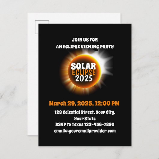 部分食の太陽の目撃3/29/2025アメリカ インビテーションポストカード (正面/裏面)