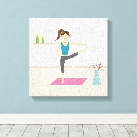 部屋かわいらしでヨガを練習しているスタイリッシュ女性 キャンバスプリント (インサイチュ (ウッドフロア))