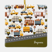 部屋だ!車の輸送パターン男の子クリスマス セラミックオーナメント (正面)