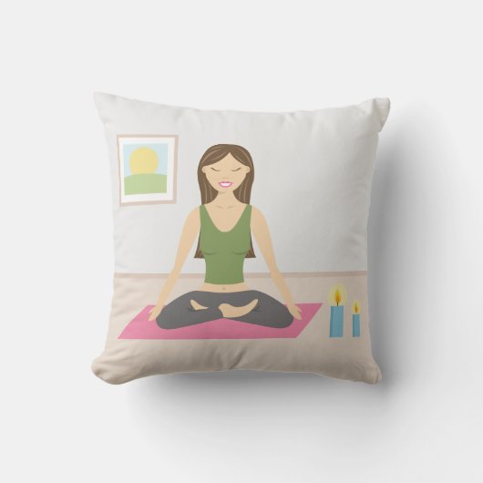 部屋でヨガをしている可愛かわいらしい女の子 アウトドアクッション (正面)