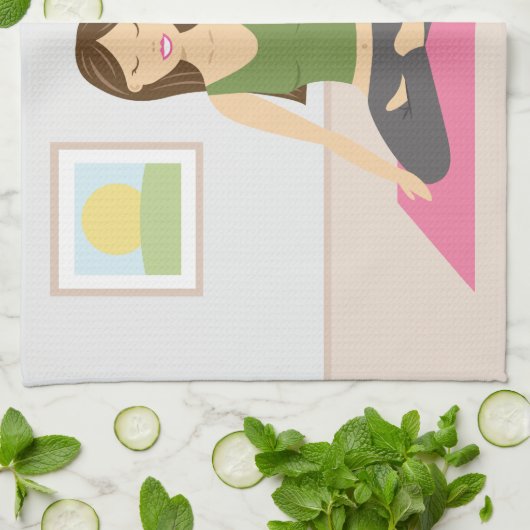 部屋でヨガをしている可愛かわいらしい女の子 キッチンタオル (折り畳み)