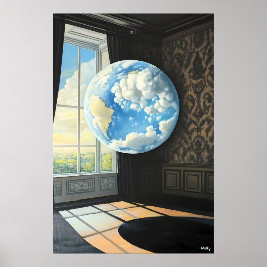 部屋に浮かぶ地球の超現実的な夢の風景 ポスター (正面)