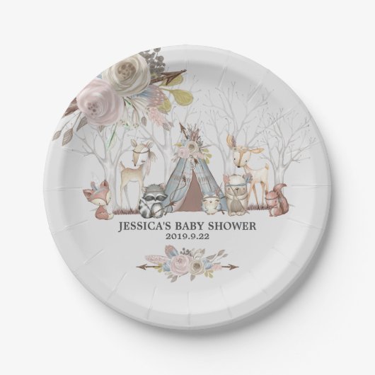 部族お洒落森林動物赤ちゃんガールシャワー ペーパープレート (正面)
