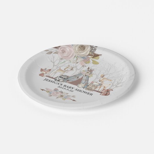 部族お洒落森林動物赤ちゃんガールシャワー ペーパープレート (アングル)