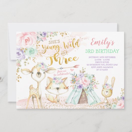 部族のボホの森の国の動物たち,3歳の誕生日 招待状 (正面)