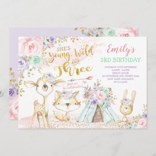 部族のボホの森の国の動物たち,3歳の誕生日 招待状 (正面/裏面)