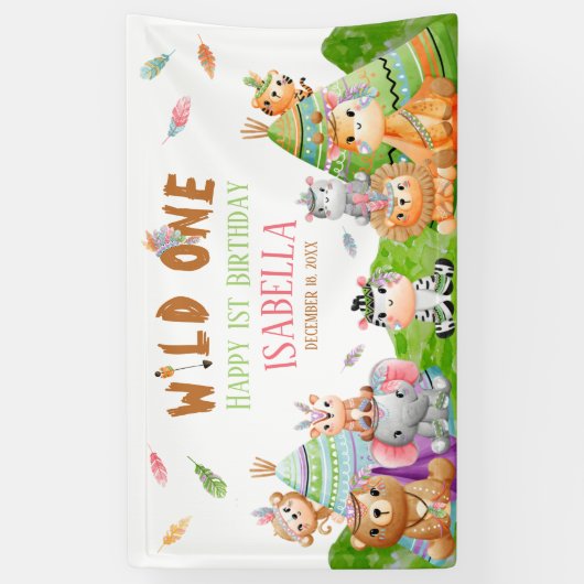 部族のワイルドワン　ウッドランドサファリ　バースデーパーティー 横断幕 (縦)