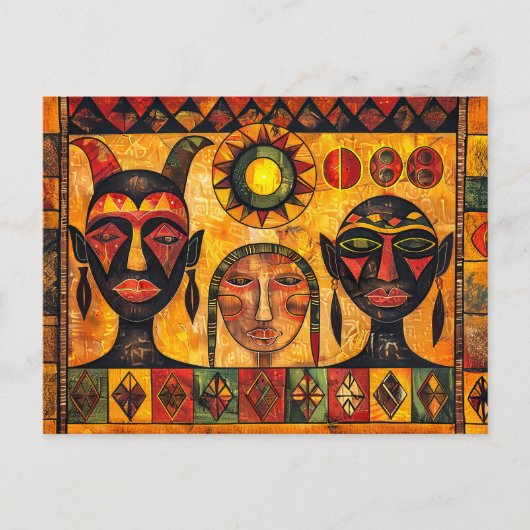 部族の中のアフリカの太陽と絵を描マスク シーズンポストカード (正面)