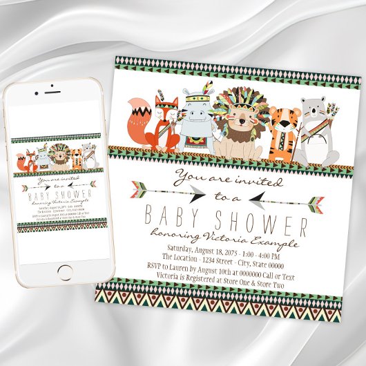 部族の動物先住民インディアンベビーシャワー 招待状