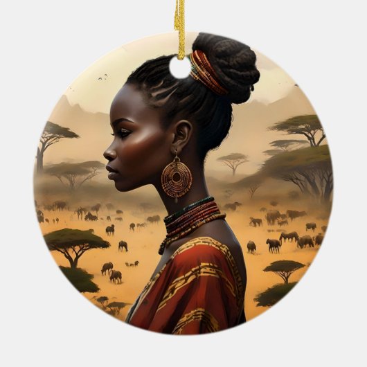 部族の女性がアフリカの風景を見守っていた セラミックオーナメント (裏面)