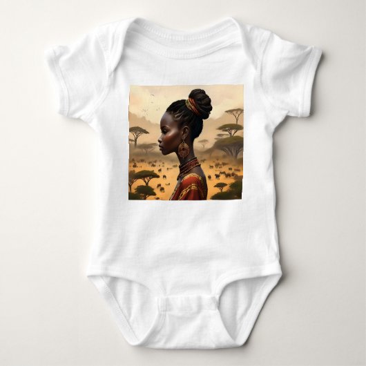 部族の女性がアフリカの風景を見守る ベビーボディスーツ (正面)