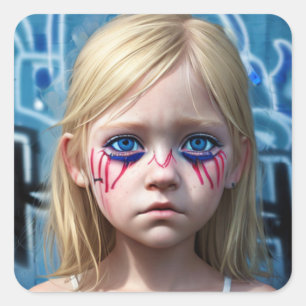 部族の子供   Futuristic Blonde Girl Big Blue Eyes スクエアシール
