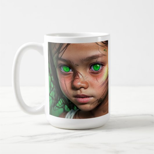 部族の子供 | Futuristic Girl 白熱［赤熱］光を放つ Green Eyes コーヒーマグカップ (左)