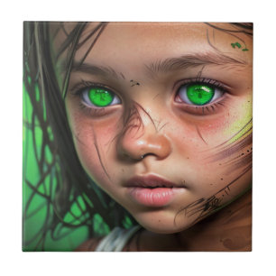 部族の子供   Futuristic Girl 白熱［赤熱］光を放つ Green Eyes タイル