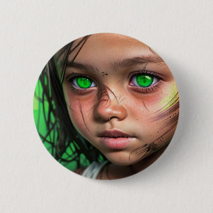 部族の子供   Futuristic Girl 白熱［赤熱］光を放つ Green Eyes 缶バッジ