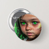 部族の子供 | Futuristic Girl 白熱［赤熱］光を放つ Green Eyes 缶バッジ (正面&裏面)