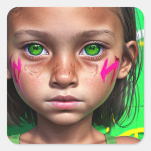 部族の子供 Futuristic Girl Green Eyes スクエアシール