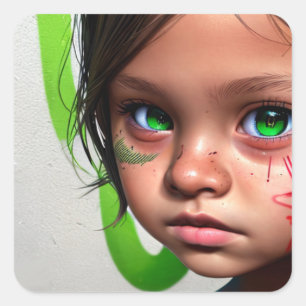 部族の子供 Little Futuristic Girl Green Eyes スクエアシール