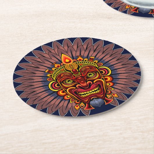 部族の戦士の王の儀式のマスク ラウンドペーパーコースター (アングル)