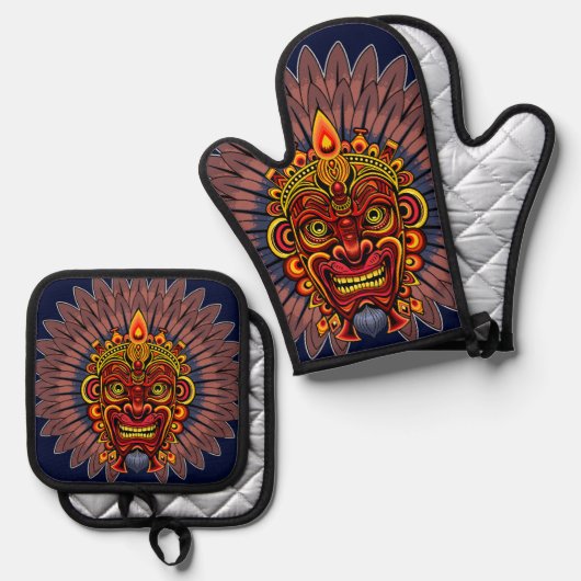 部族の戦士の王の儀式のマスク 鍋つかみ&鍋敷きセット (正面/裏面)