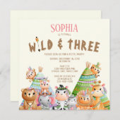 部族の森の動物の野生の三歳の誕生日 招待状 (正面/裏面)