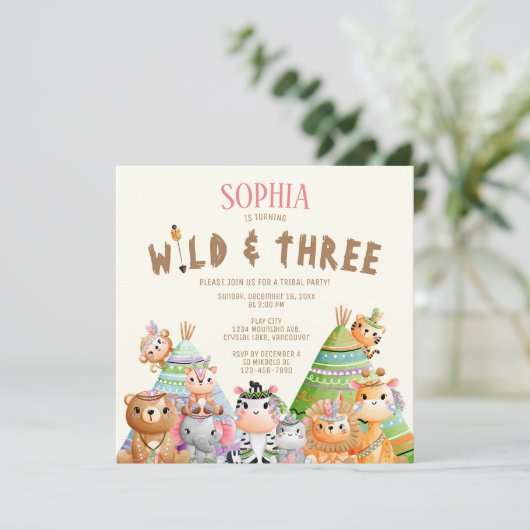 部族の森の動物の野生の三歳の誕生日 招待状 (スタンド正面)