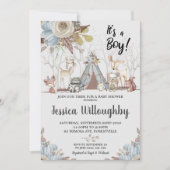 部族の森の動物 ベビーシャワー ベビーボーイ 招待状 (正面)