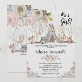 部族の森の動物 赤ちゃん女の子のシャワー 花 招待状 (正面/裏面)