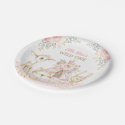 部族の森林かわいらし動物が野生の1誕生日 ペーパープレート (アングル)