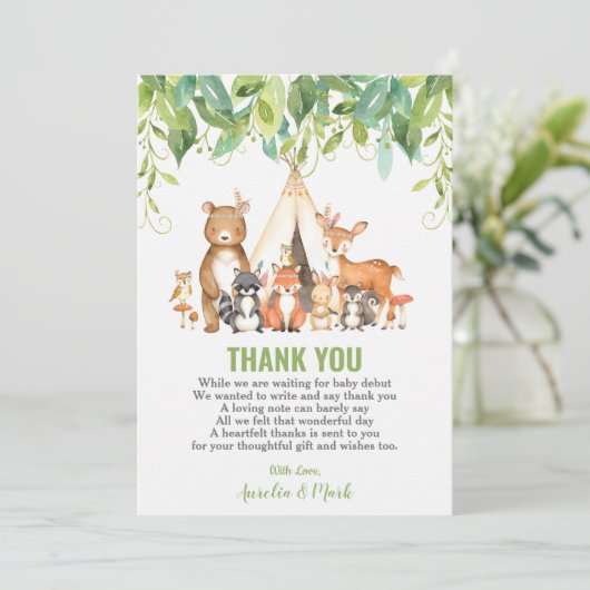部族の森林の動物の緑の赤ちゃんシャワー サンキューカード (スタンド正面)