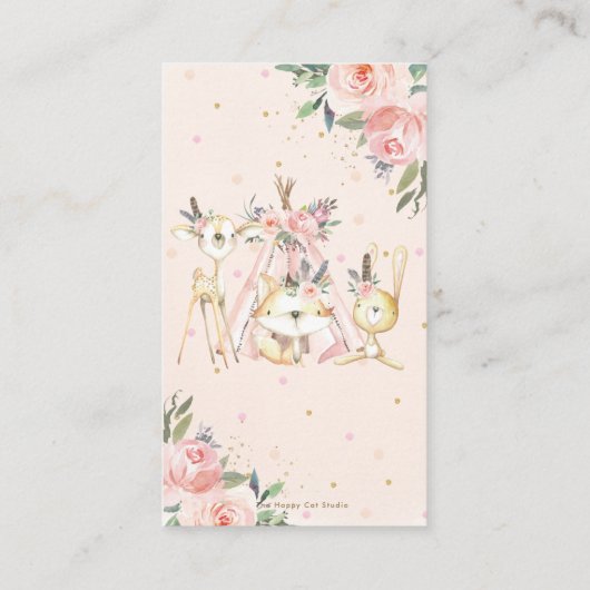 部族の森林の動物ピンクのフローラ本ベビー エンクロージャーカード (裏面)