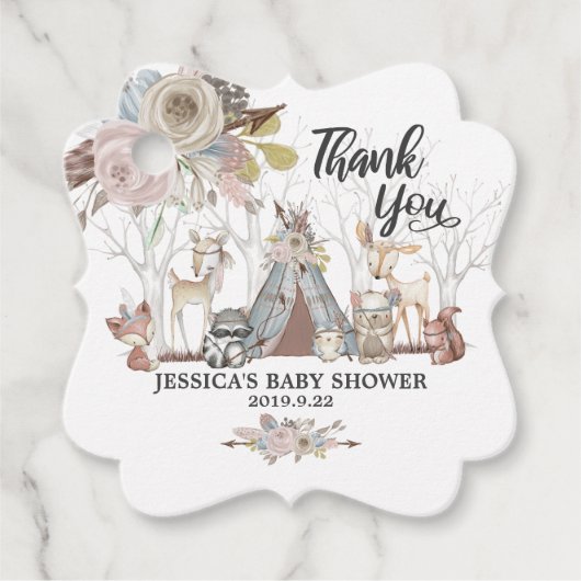 部族の森林動物の赤ちゃんシャワー感謝の女の子 フェイバータグ (正面)